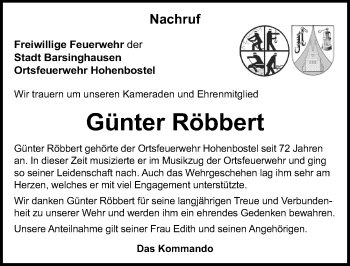 Traueranzeige von Günter Röbbert von Hannoversche Allgemeine Zeitung/Neue Presse