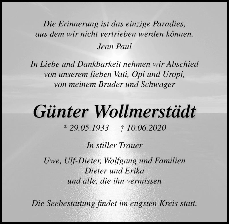  Traueranzeige für Günter Wollmerstädt vom 20.06.2020 aus Ostsee-Zeitung GmbH