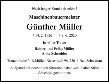 Traueranzeige von Günther Müller von Lübecker Nachrichten