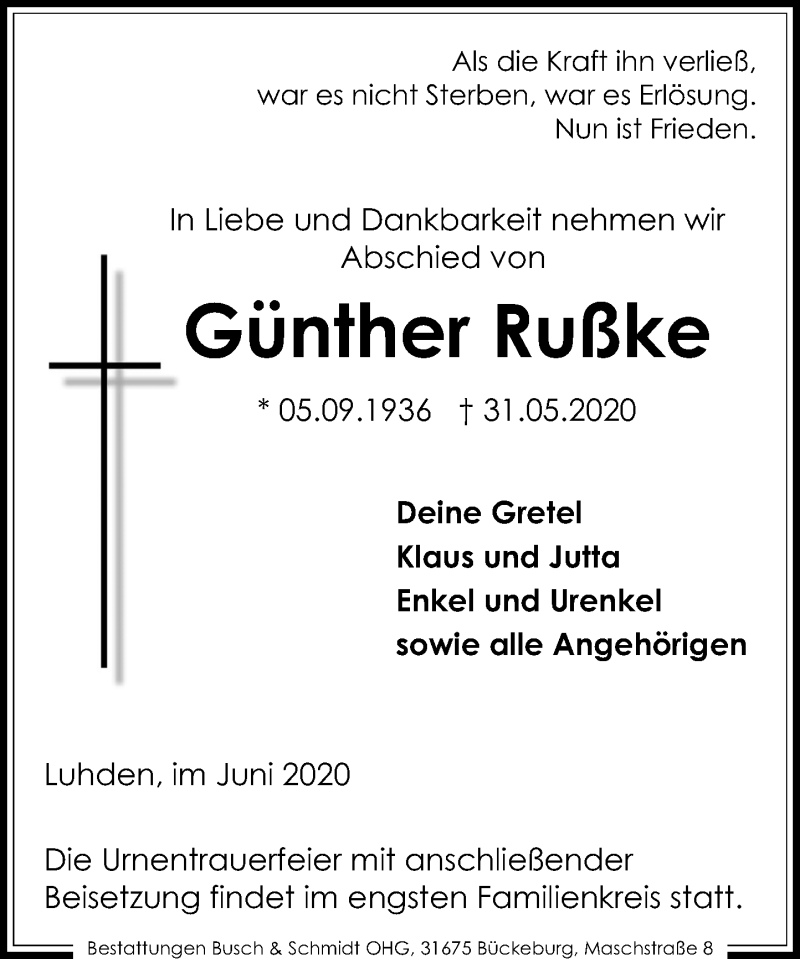  Traueranzeige für Günther Rußke vom 06.06.2020 aus Schaumburger Nachrichten
