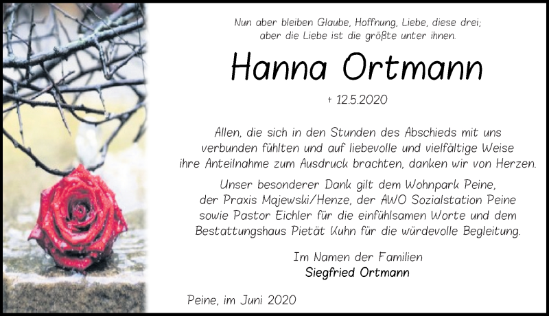  Traueranzeige für Hanna Ortmann vom 13.06.2020 aus Peiner Allgemeine Zeitung