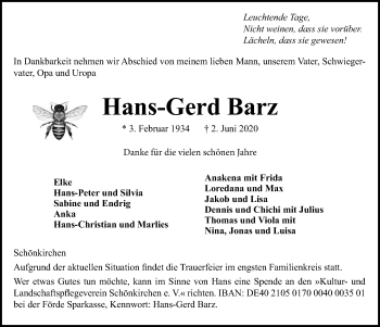 Traueranzeige von Hans-Gerd Barz von Kieler Nachrichten