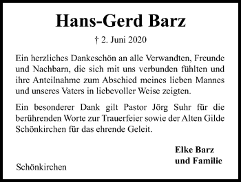 Traueranzeige von Hans-Gerd Barz von Kieler Nachrichten