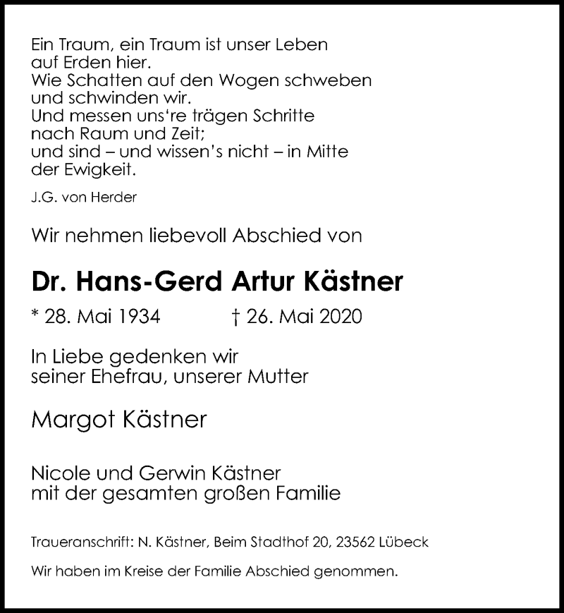  Traueranzeige für Hans-Gerd Artur Kästner vom 07.06.2020 aus Lübecker Nachrichten