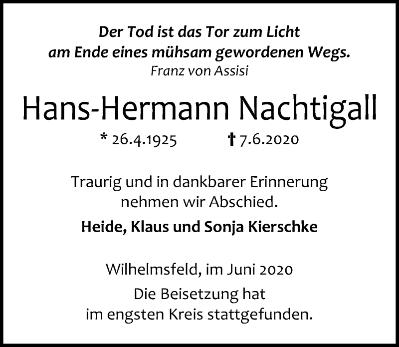  Traueranzeige für Hans-Hermann Nachtigall vom 17.06.2020 aus Göttinger Tageblatt