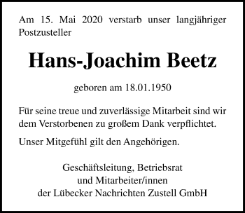 Traueranzeige von Hans-Joachim Beetz von Lübecker Nachrichten