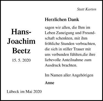 Traueranzeige von Hans-Joachim Beetz von Lübecker Nachrichten