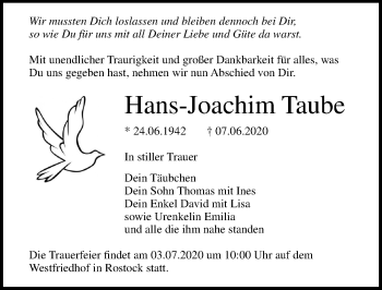 Traueranzeige von Hans-Joachim Taube von Ostsee-Zeitung GmbH