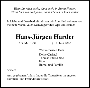 Traueranzeige von Hans-Jürgen Harder von Lübecker Nachrichten