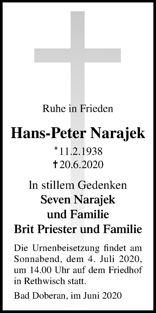  Traueranzeige für Hans-Peter Narajek vom 27.06.2020 aus Ostsee-Zeitung GmbH