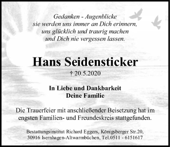 Traueranzeige von Hans Seidensticker von Hannoversche Allgemeine Zeitung/Neue Presse