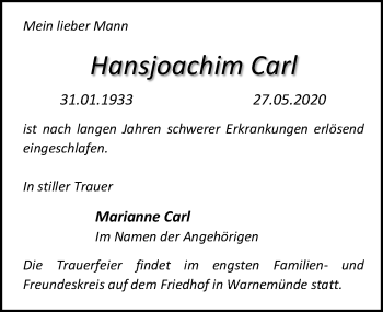 Traueranzeige von Hansjoachim Carl von Ostsee-Zeitung GmbH