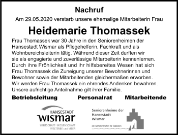 Traueranzeige von Heidemarie Thomassek von Ostsee-Zeitung GmbH