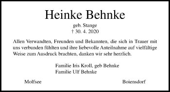 Traueranzeige von Heinke Behnke von Ostsee-Zeitung GmbH