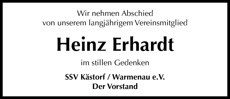  Traueranzeige für Heinz Erhardt vom 30.06.2020 aus Aller Zeitung
