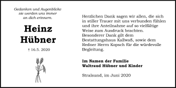 Traueranzeige von Heinz Hübner von Ostsee-Zeitung GmbH