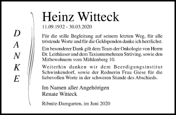 Traueranzeige von Heinz Witteck von Ostsee-Zeitung GmbH