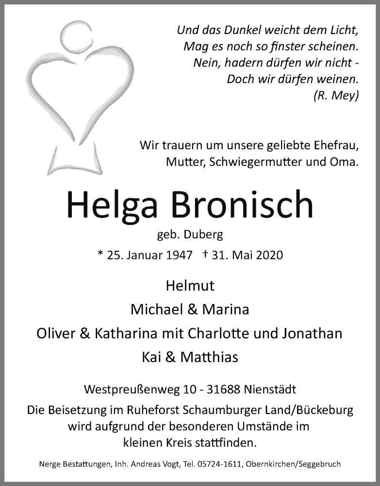  Traueranzeige für Helga Bronisch vom 06.06.2020 aus Schaumburger Nachrichten