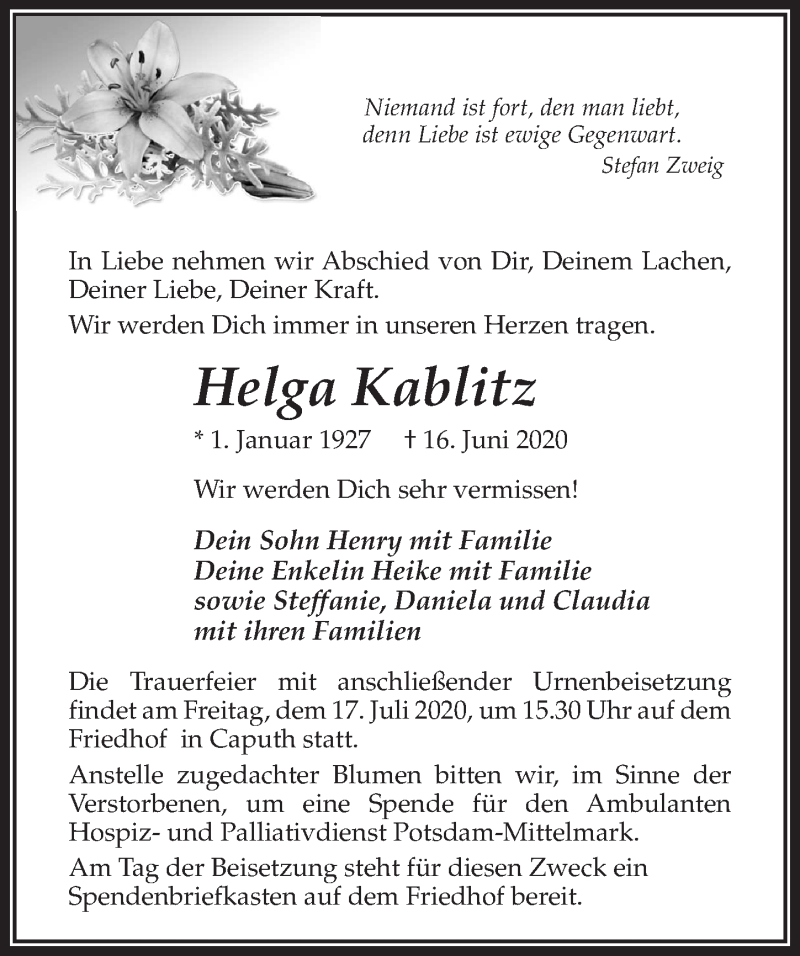  Traueranzeige für Helga Kablitz vom 27.06.2020 aus Märkischen Allgemeine Zeitung