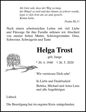 Traueranzeige von Helga Trost von Lübecker Nachrichten