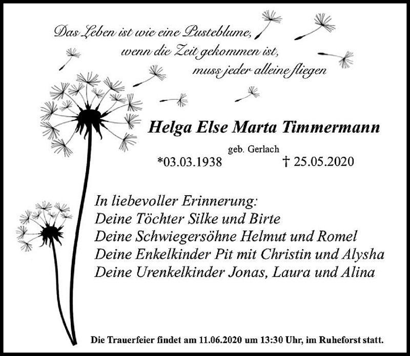  Traueranzeige für Helga Else Marta Timmermann vom 06.06.2020 aus Ostsee-Zeitung GmbH