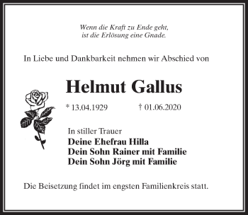 Traueranzeige von Helmut Gallus von Märkischen Allgemeine Zeitung
