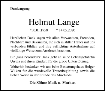 Traueranzeige von Helmut Lange von Ostsee-Zeitung GmbH