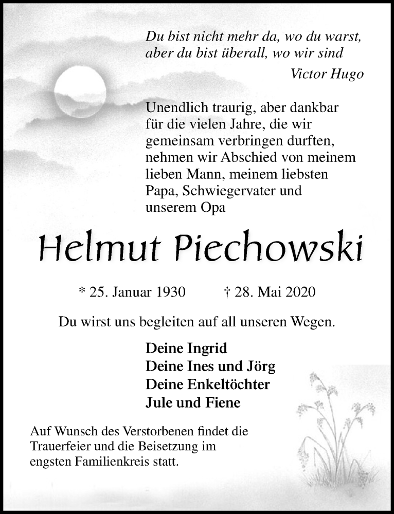  Traueranzeige für Helmut Piechowski vom 05.06.2020 aus Ostsee-Zeitung GmbH