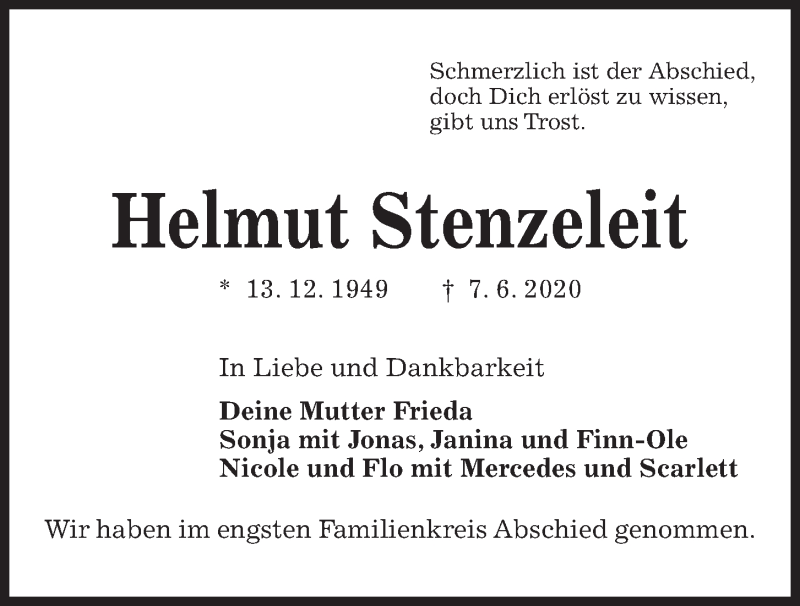  Traueranzeige für Helmut Stenzeleit vom 27.06.2020 aus Kieler Nachrichten