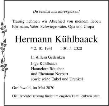 Traueranzeige von Hermann Kühlbaack von Ostsee-Zeitung GmbH