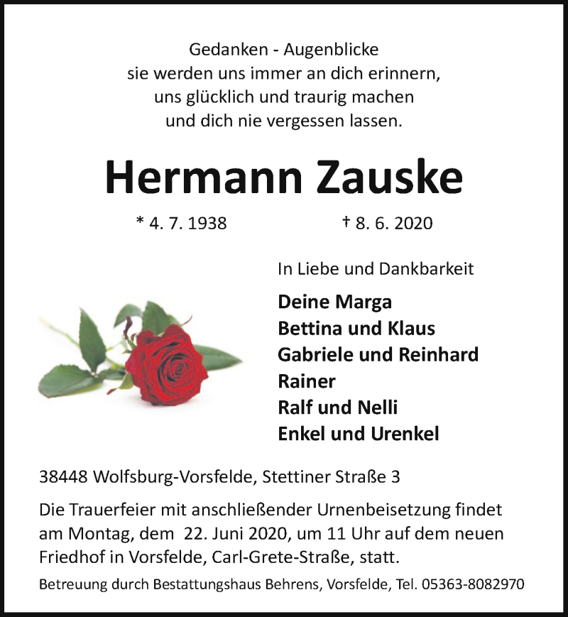  Traueranzeige für Hermann Zauske vom 17.06.2020 aus Aller Zeitung