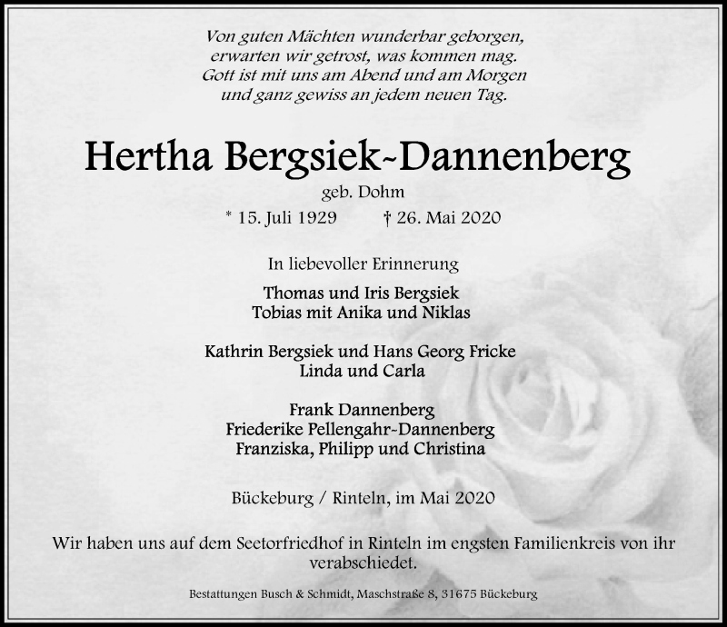  Traueranzeige für Hertha Bergsiek-Dannenberg vom 06.06.2020 aus Schaumburger Nachrichten