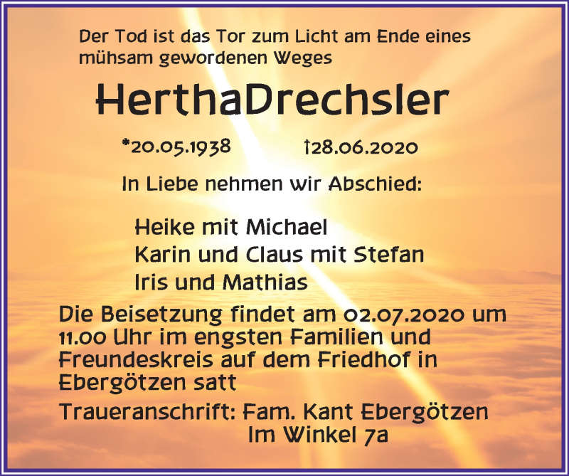  Traueranzeige für Hertha Drechsler vom 30.06.2020 aus Göttinger Tageblatt