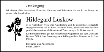 Traueranzeige von Hildegard Lüskow von Ostsee-Zeitung GmbH