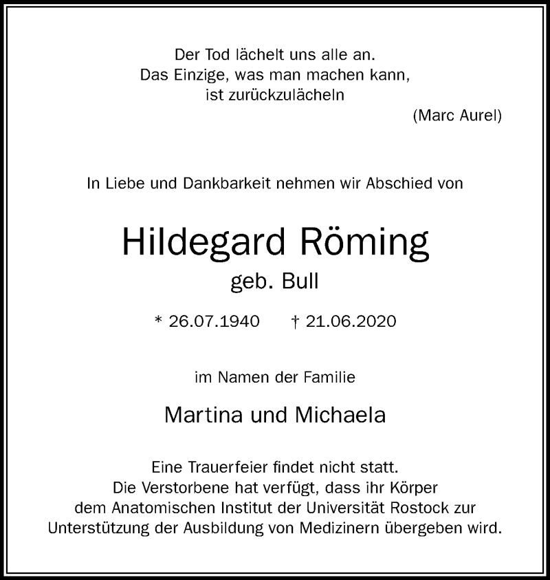  Traueranzeige für Hildegard Röming vom 27.06.2020 aus Ostsee-Zeitung GmbH