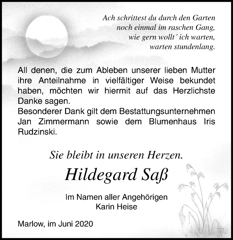  Traueranzeige für Hildegard Saß vom 20.06.2020 aus Ostsee-Zeitung GmbH