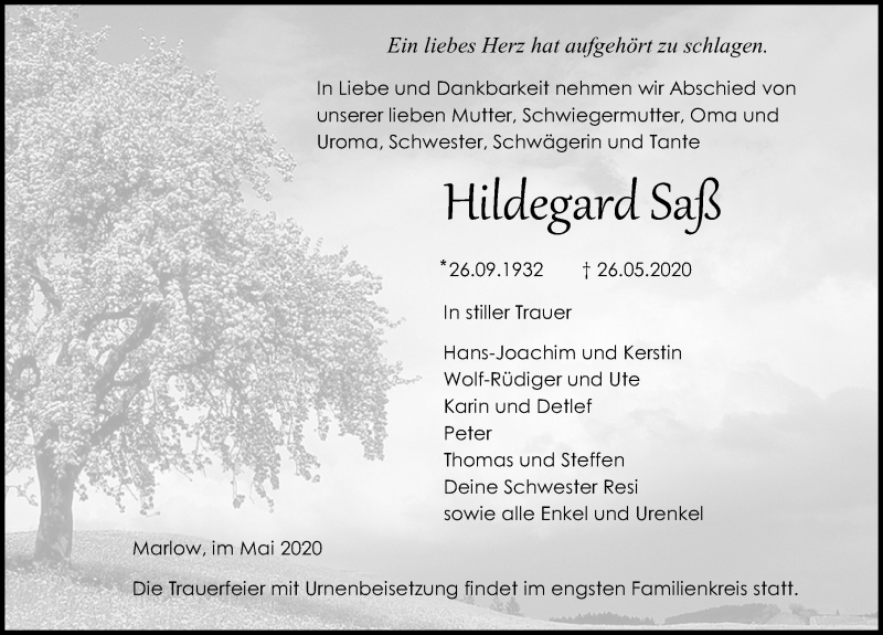  Traueranzeige für Hildegard Saß vom 06.06.2020 aus Ostsee-Zeitung GmbH