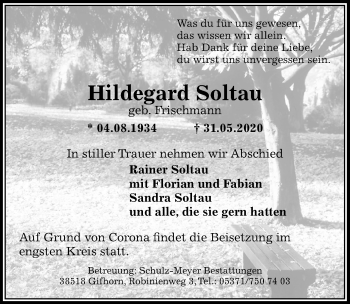 Traueranzeige von Hildegard Soltau von Aller Zeitung