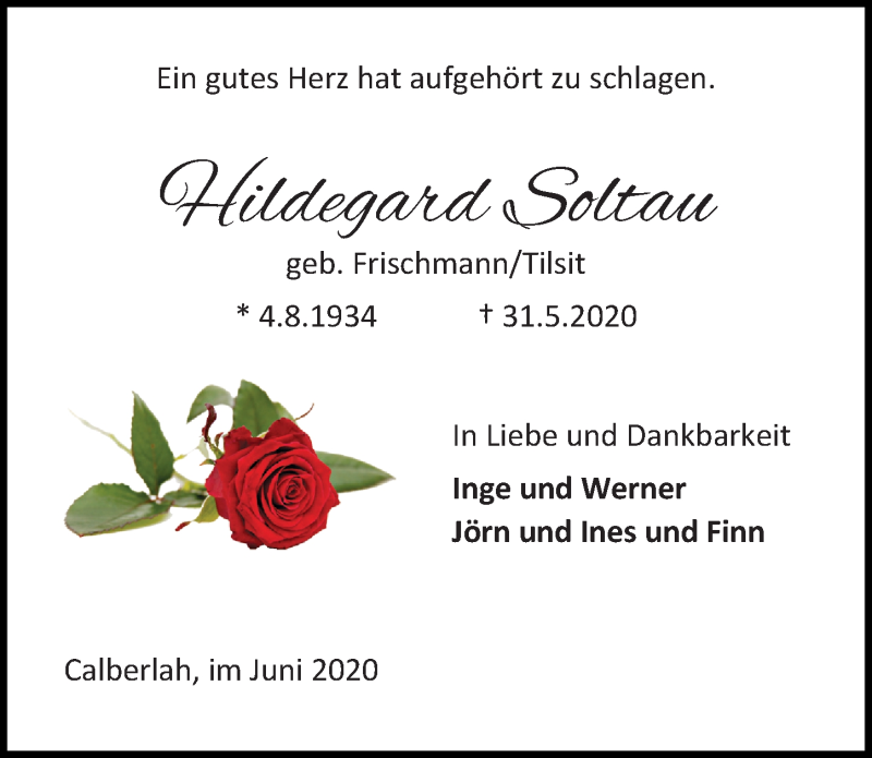  Traueranzeige für Hildegard Soltau vom 05.06.2020 aus Aller Zeitung