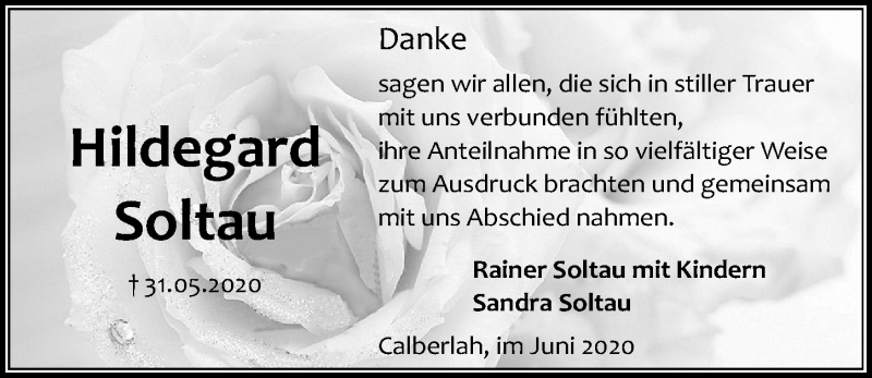  Traueranzeige für Hildegard Soltau vom 27.06.2020 aus Aller Zeitung