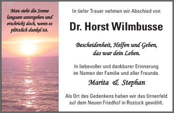 Traueranzeige von Horst Wilmbusse von Ostsee-Zeitung GmbH