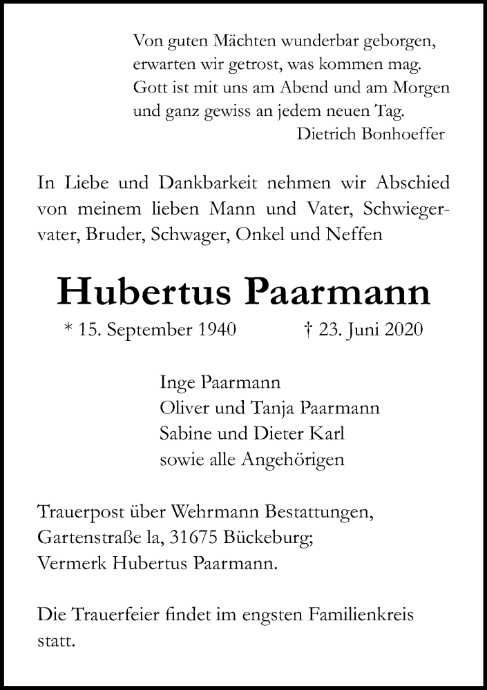  Traueranzeige für Hubertus Paarmann vom 27.06.2020 aus Schaumburger Nachrichten