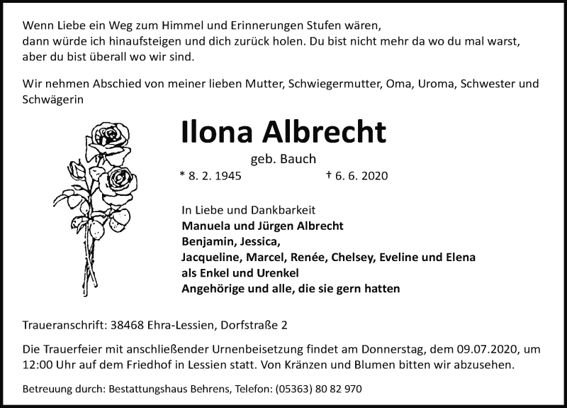  Traueranzeige für Ilona Albrecht vom 13.06.2020 aus Aller Zeitung