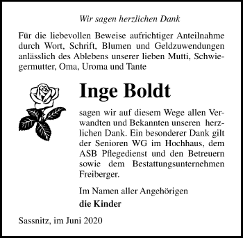 Traueranzeige von Inge Boldt von Ostsee-Zeitung GmbH