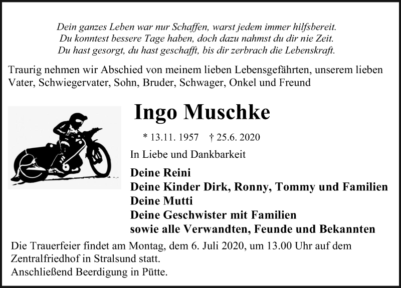  Traueranzeige für Ingo Muschke vom 30.06.2020 aus Ostsee-Zeitung GmbH