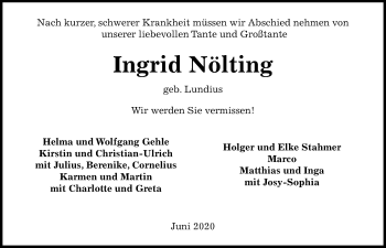 Traueranzeige von Ingrid Nölting von Kieler Nachrichten
