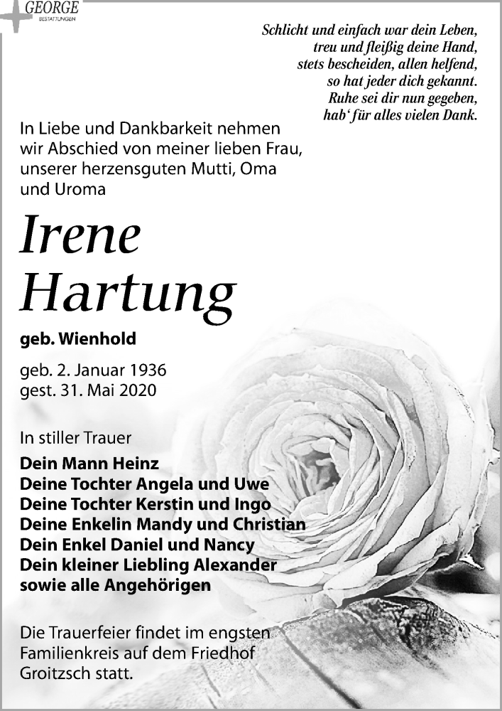  Traueranzeige für Irene Hartung vom 13.06.2020 aus Leipziger Volkszeitung