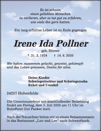 Traueranzeige von Irene Ida Pollner von Kieler Nachrichten