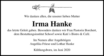 Traueranzeige von Irma Hanke von Ostsee-Zeitung GmbH