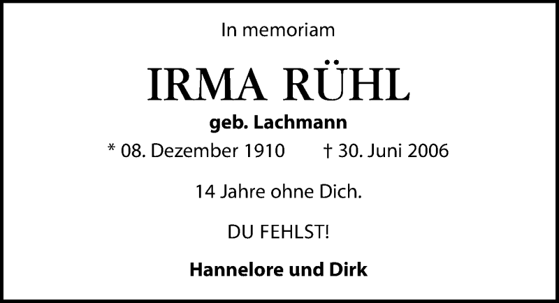  Traueranzeige für Irma Rühl vom 30.06.2020 aus Leipziger Volkszeitung